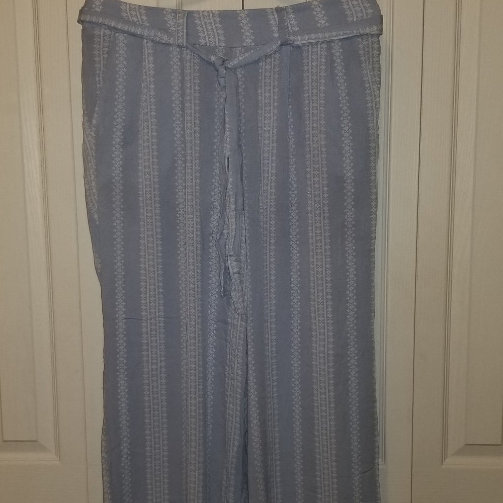 Light Blue Geo Stripe Gauze Tie Front Wide Leg